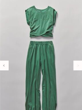 Free People Green Cropped Tee & Wide Leg Pants Set